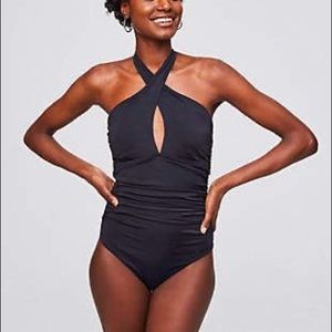 LOFT Beach Black Halter One Piece Keyhole Swimsuit